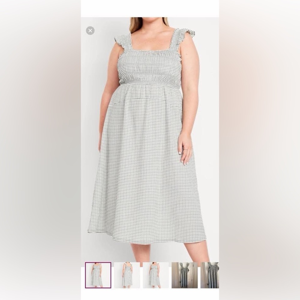 Old Navy Green & White Gingham Smocked Midi Dress
